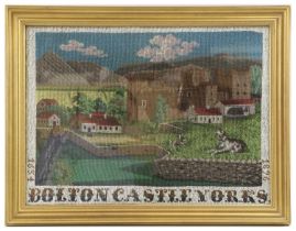 A Late Victorian Beadwork Panel, worked in colours with a cat and a dog in landscape, titled