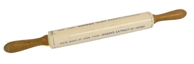 A Thomas Farrar "Isobel" Pottery Rolling Pin, early 20th century, printed in underglaze blue with