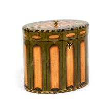 A Green-Stained and Inlaid Satinwood Tea Caddy, 19th century, of oval form, the hinged cover and