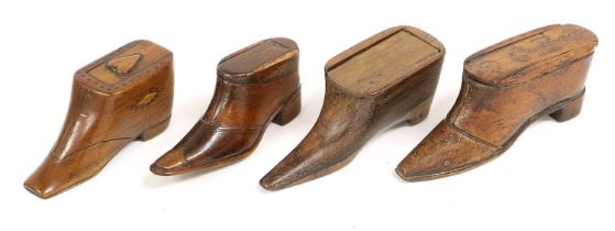 A George III Treen Snuffbox, in the form of a boot, inlaid with diamond-shaped panels, the sliding