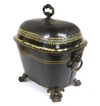 A Regency Toleware Coal Box and Cover, of rounded rectangular form with loop knop and lion mask