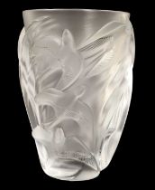 A Lalique Martinets Clear and Frosted Glass Vase, modern, model No 90603, moulded with swifts,