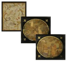 A Pair of Regency Silkwork Panels, depicting figures in landscape beside classical columns, one