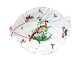 A Worcester Porcelain Leaf Moulded Dish, circa 1770, painted in coloured enamels with an exotic bird