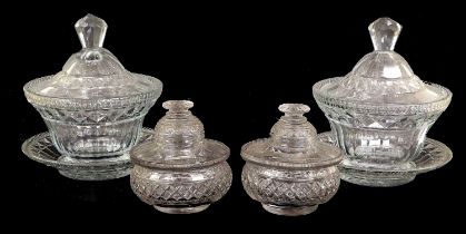 A Pair of Regency Cut Glass Bowls, Covers and Stands, of ogee circular form, the whole with bands of