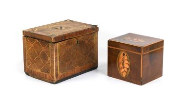 A George III Stained Wood and Parquetry Tea Caddy, of rectangular form, decorated with latticework