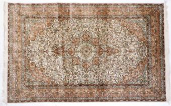Kashmir Silk Piled Carpet North West India, circa 1970 The cream ground centred by an ice blue and