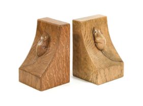 Workshop of Robert Mouseman Thompson (Kilburn): A Pair of English Oak Single Mouse Bookends, each