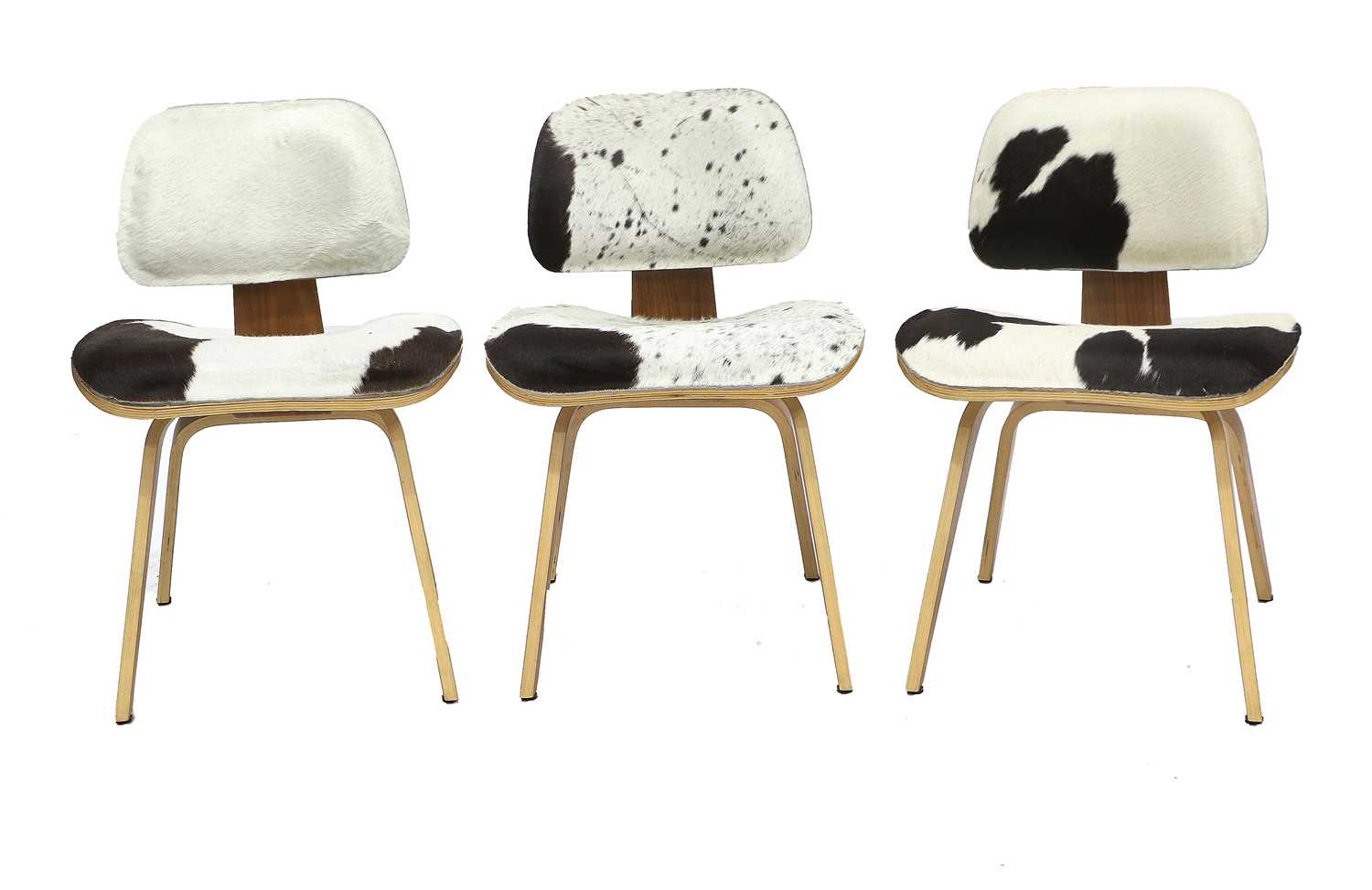A Set of Eight Eames DCW Style Lounge Chairs, walnut veneered plywood frame, cow hide upholstered - Image 4 of 5