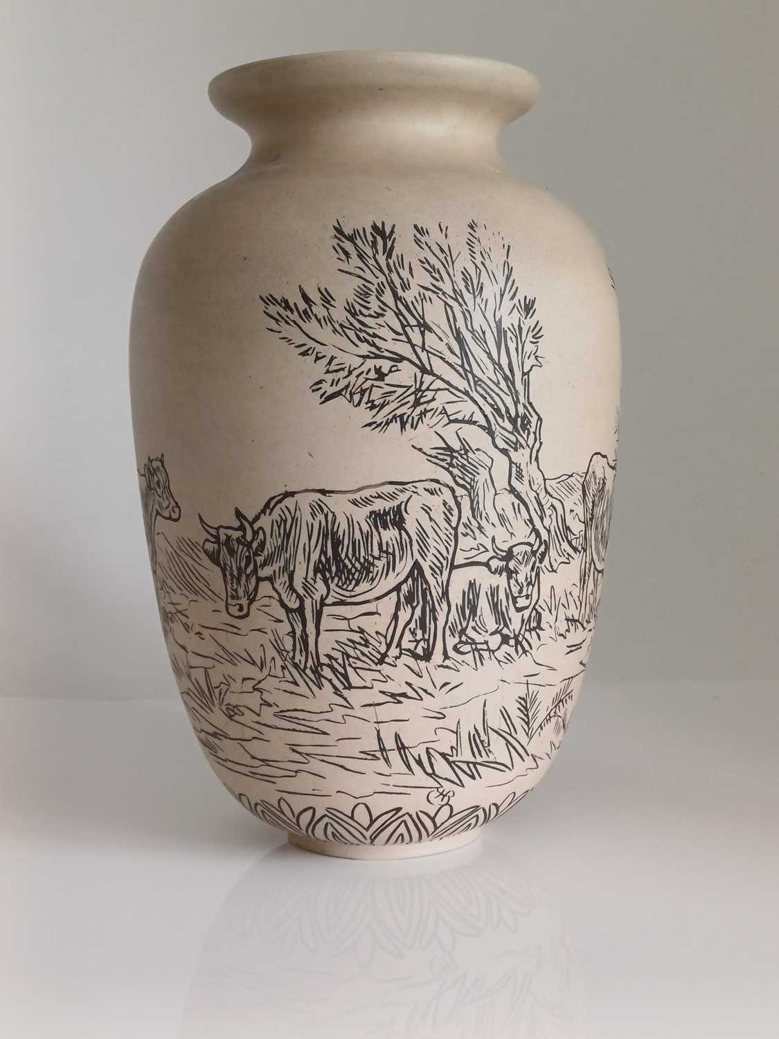 Hannah Bolton Barlow (1851-1916): A Pair of Doulton Lambeth Stoneware Vases, painted with cattle, in - Image 8 of 15