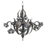 A Large Arts & Crafts Electroplated Light Fitment, with five arms, scroll and leaf work, unmarked,