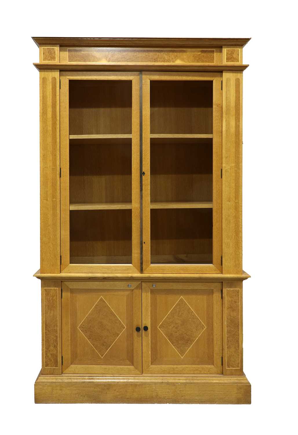 David Linley: An English Oak, Burr Oak and Sycamore Line-Inlaid Bookcase, 1993, the glazed door