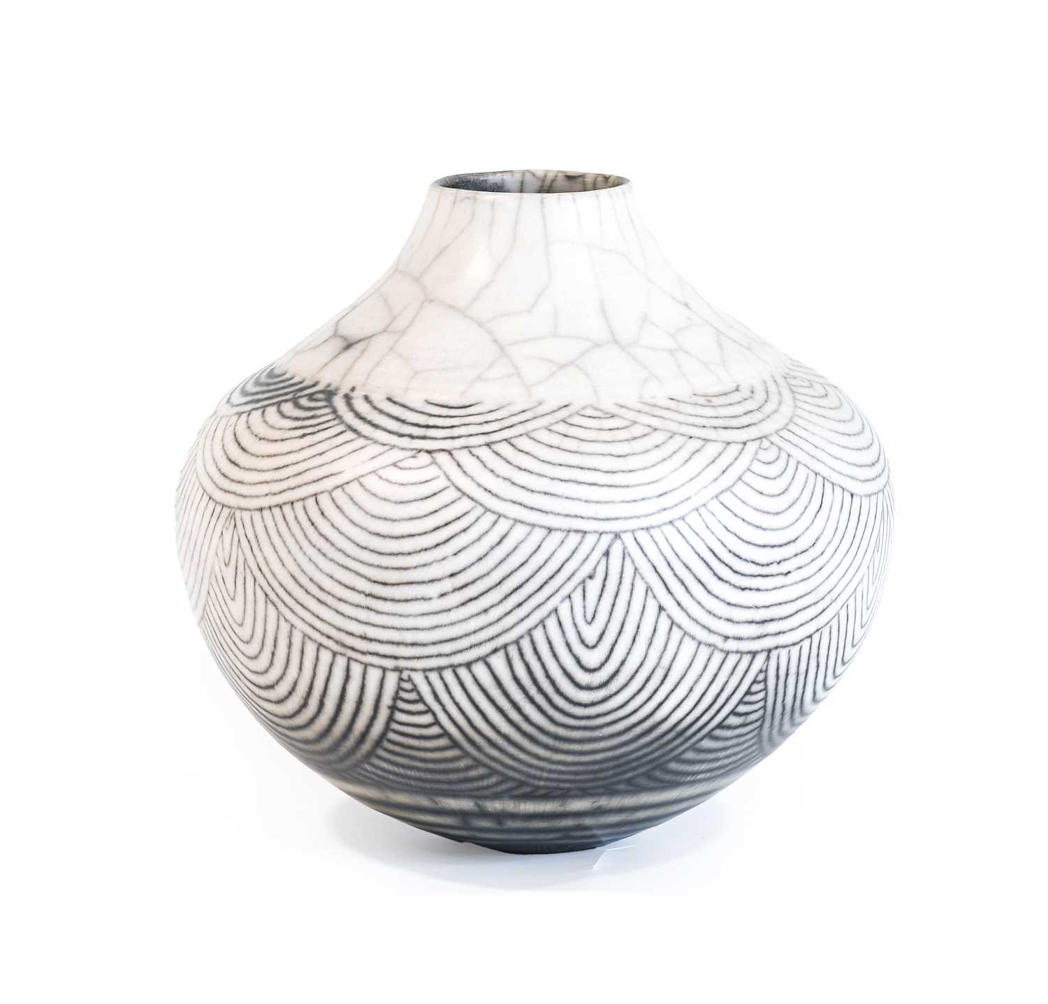 David Roberts (b.1947): A Large Raku Ceramic Vessel, covered in a white and grey crackle and