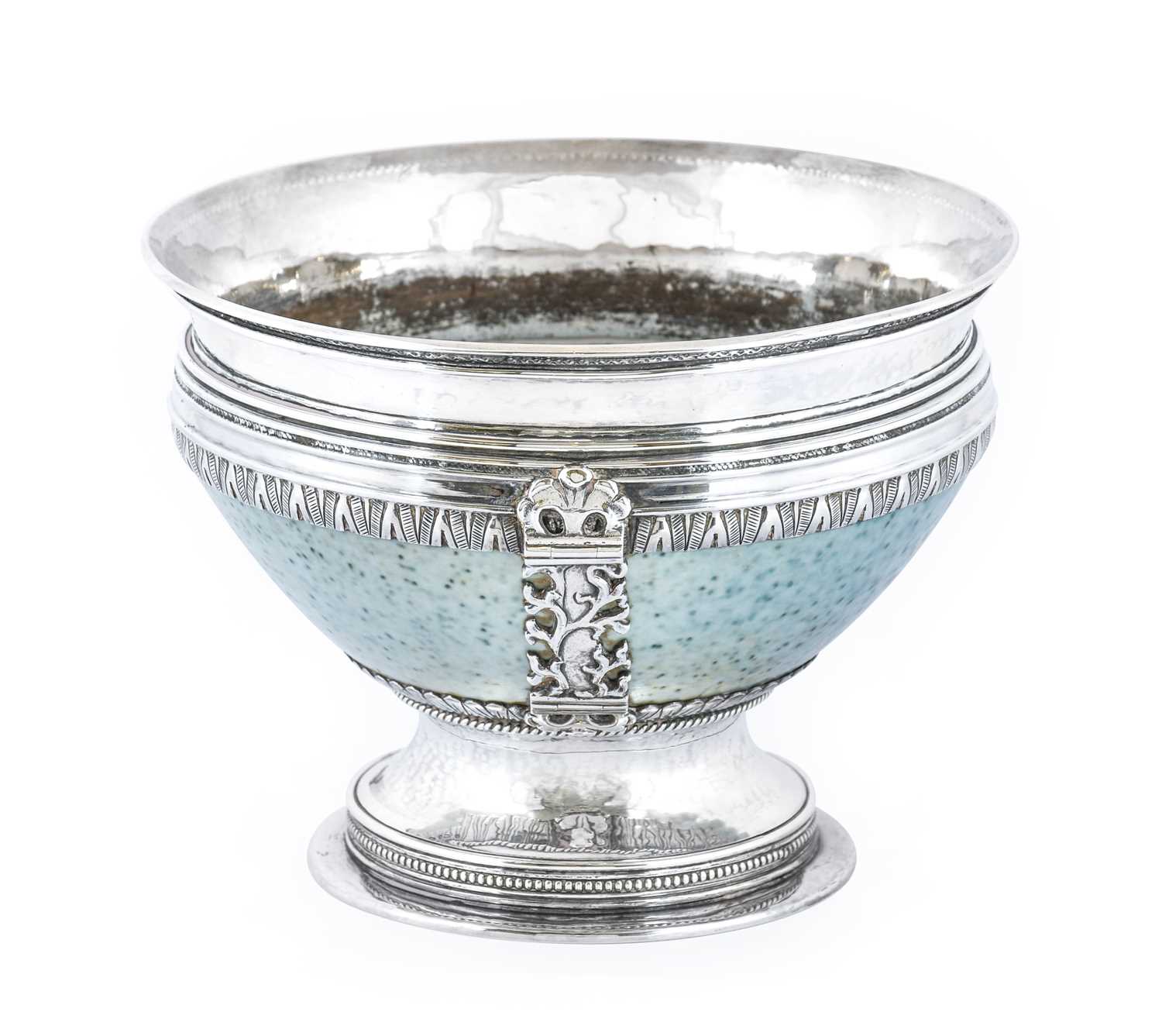 An Arts and Crafts Silver Mounted Ruskin Pottery Pedestal Bowl, the silver mounts by A.E. Jones,