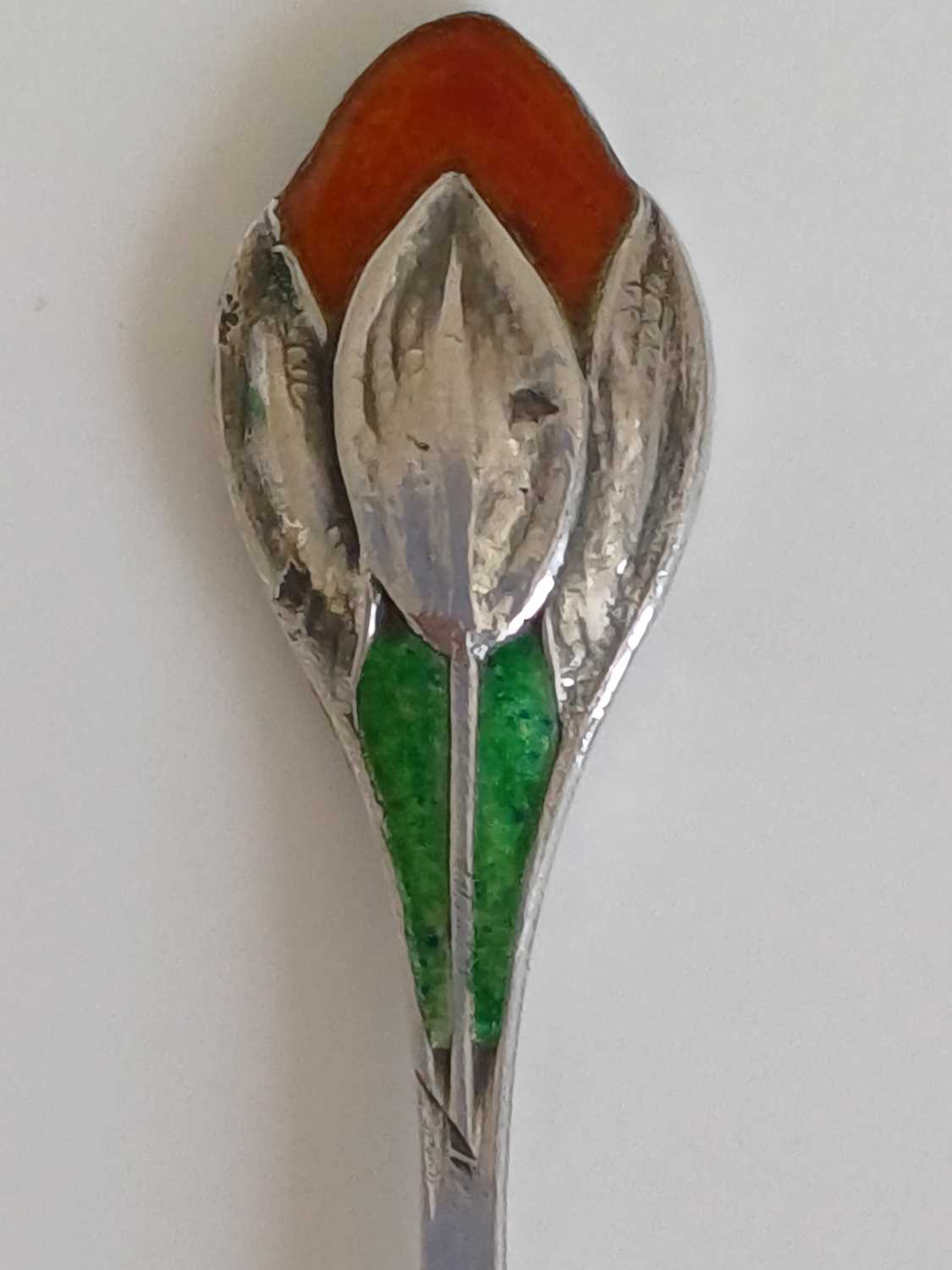 A Matched Set of Six Arts & Crafts Silver and Enamel Crocus Coffee Spoons, made by William Hair - Image 12 of 14