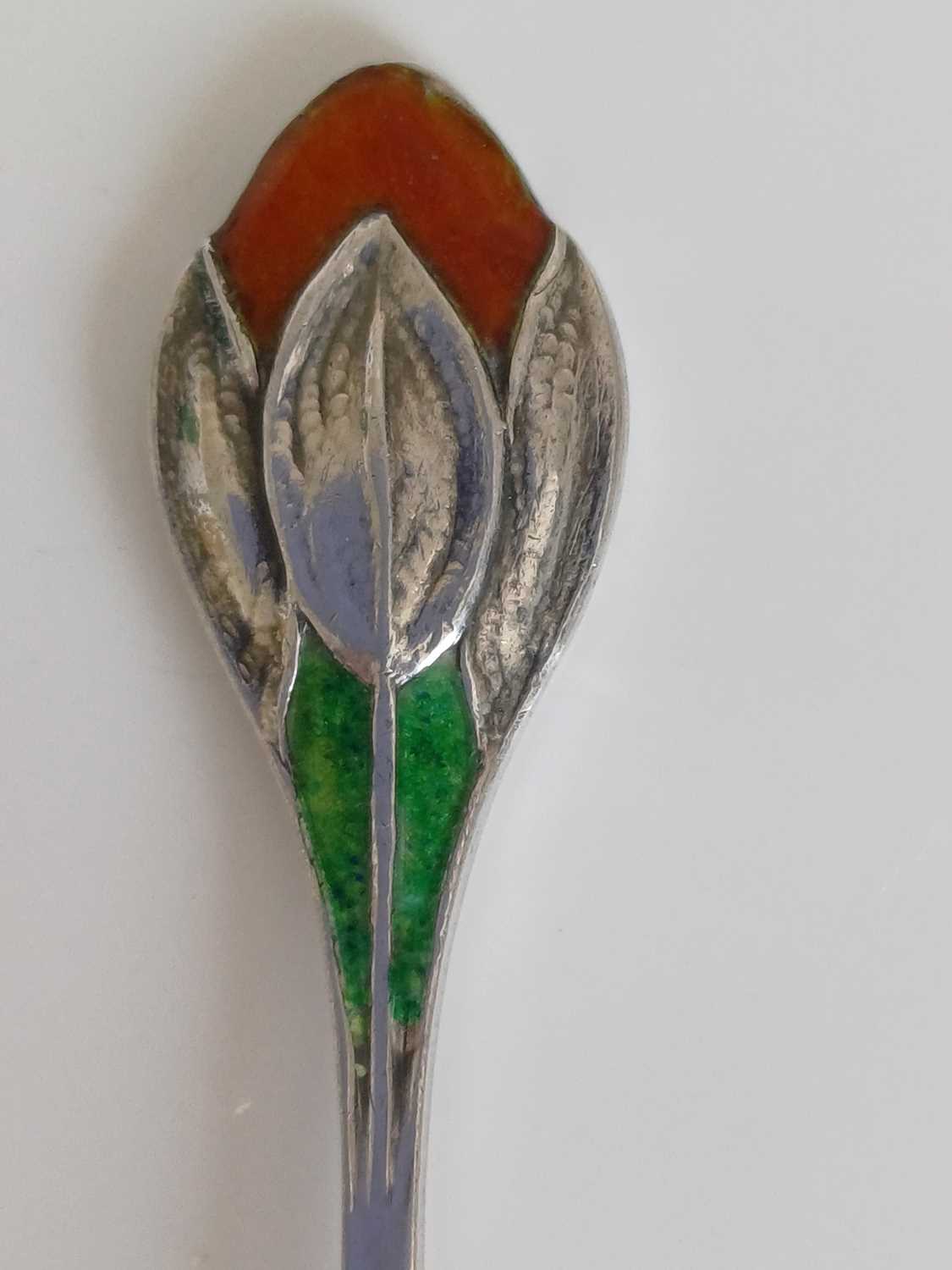 A Matched Set of Six Arts & Crafts Silver and Enamel Crocus Coffee Spoons, made by William Hair - Image 11 of 14