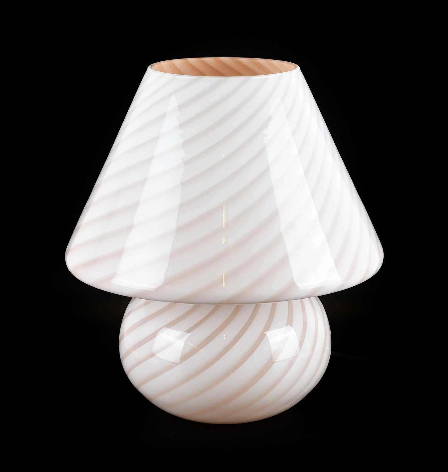 A Murano Fungo Glass Table Lamp, probably Venini, designed 1970s, pink swirl and white cased,