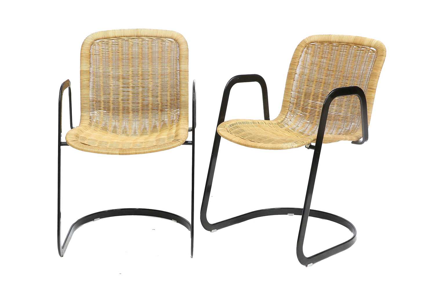 A Set of Six (4+2) Italian Cidue Cantilever Chairs, woven cane and black flat tubular steel frame, - Image 3 of 4