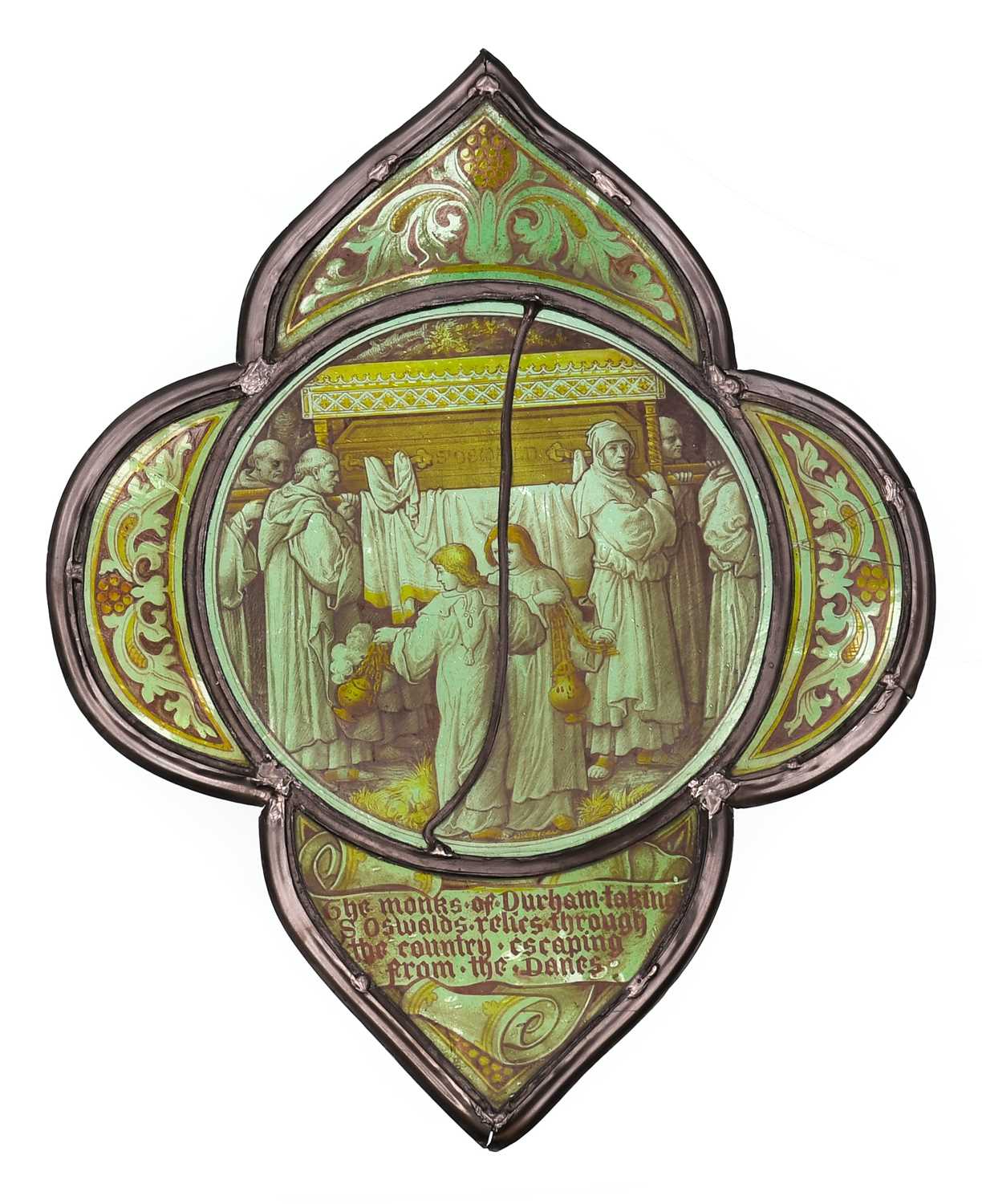 Eight Victorian Stained, Painted and Leaded Glass Quatrefoil Tracery Panels, depicting and inscribed - Image 3 of 9