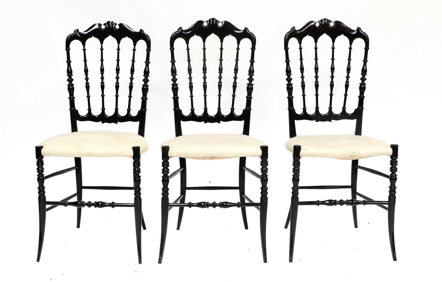 A Set of Three Mid Century Italian Ebonised Beech Chiavari Chairs, after a design by Giuseppe