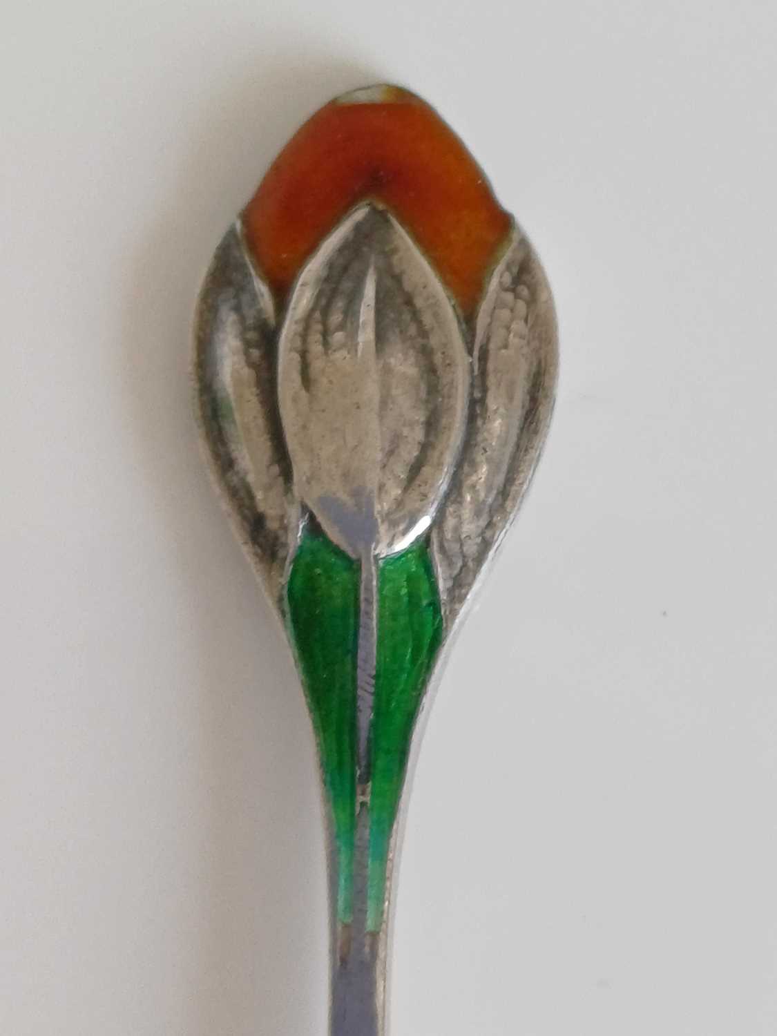 A Matched Set of Six Arts & Crafts Silver and Enamel Crocus Coffee Spoons, made by William Hair - Image 9 of 14