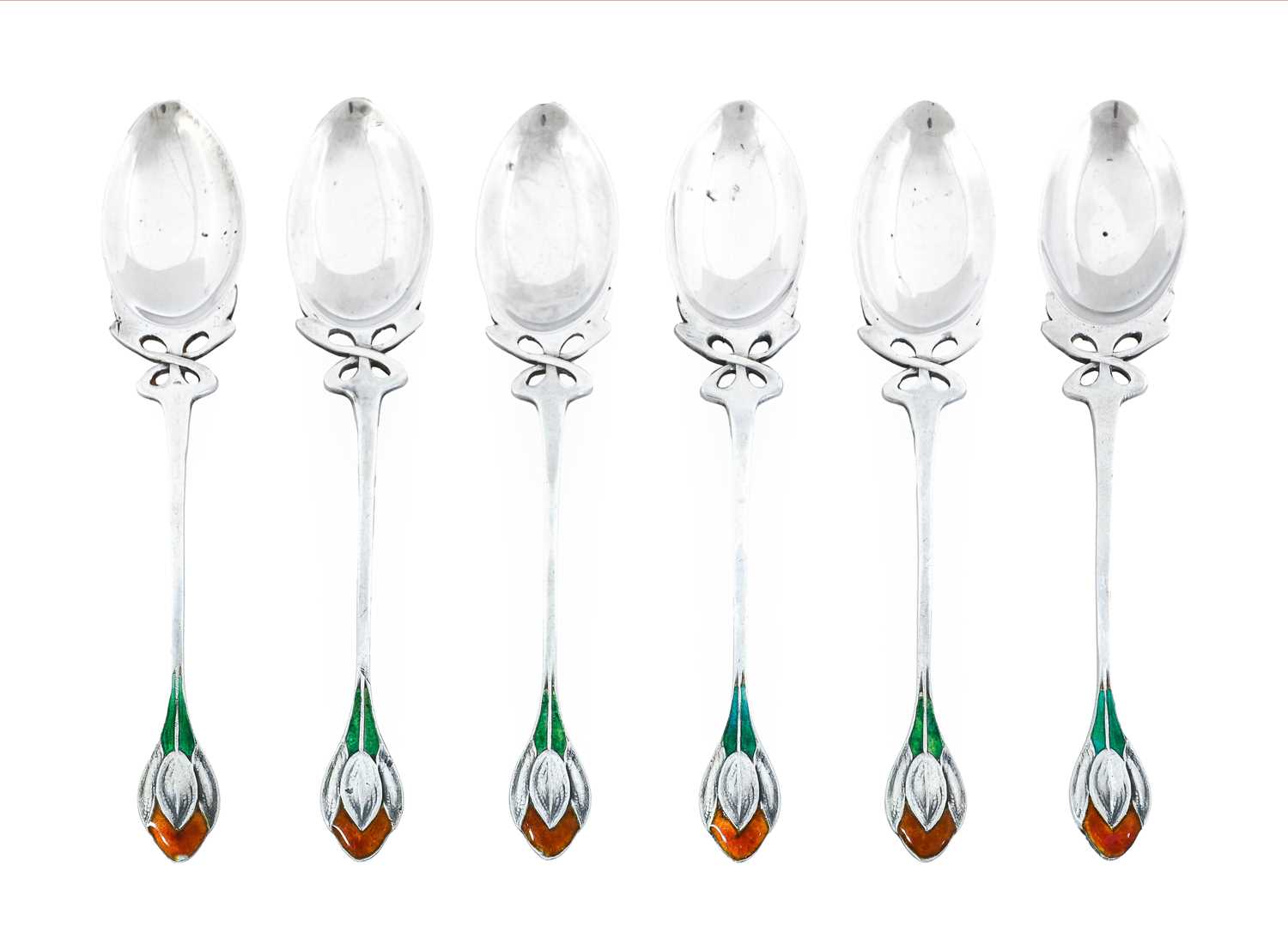 A Matched Set of Six Arts & Crafts Silver and Enamel Crocus Coffee Spoons, made by William Hair - Image 2 of 2