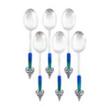 A Matched Set of Six Arts & Crafts Silver and Enamel Coffee Spoons, made by William Hair Haseler and