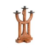 Robert Mouseman Thompson (1876-1955): An English Oak Triple Candelabra, 1939, with wrought iron