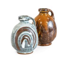 Mike Dodd (b. 1943): A Flat Sided Stoneware Handled Bottle Vase, covered in a nuka glaze with wax