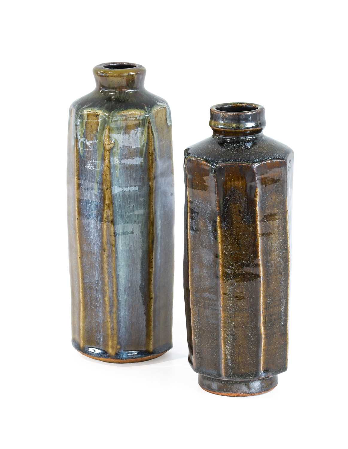 Clare Sutcliffe (1943-2019): Two Woodfired Stoneware Faceted Vases, ash glazes, impressed seal mark,