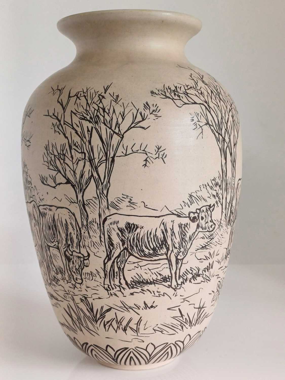 Hannah Bolton Barlow (1851-1916): A Pair of Doulton Lambeth Stoneware Vases, painted with cattle, in - Image 14 of 15