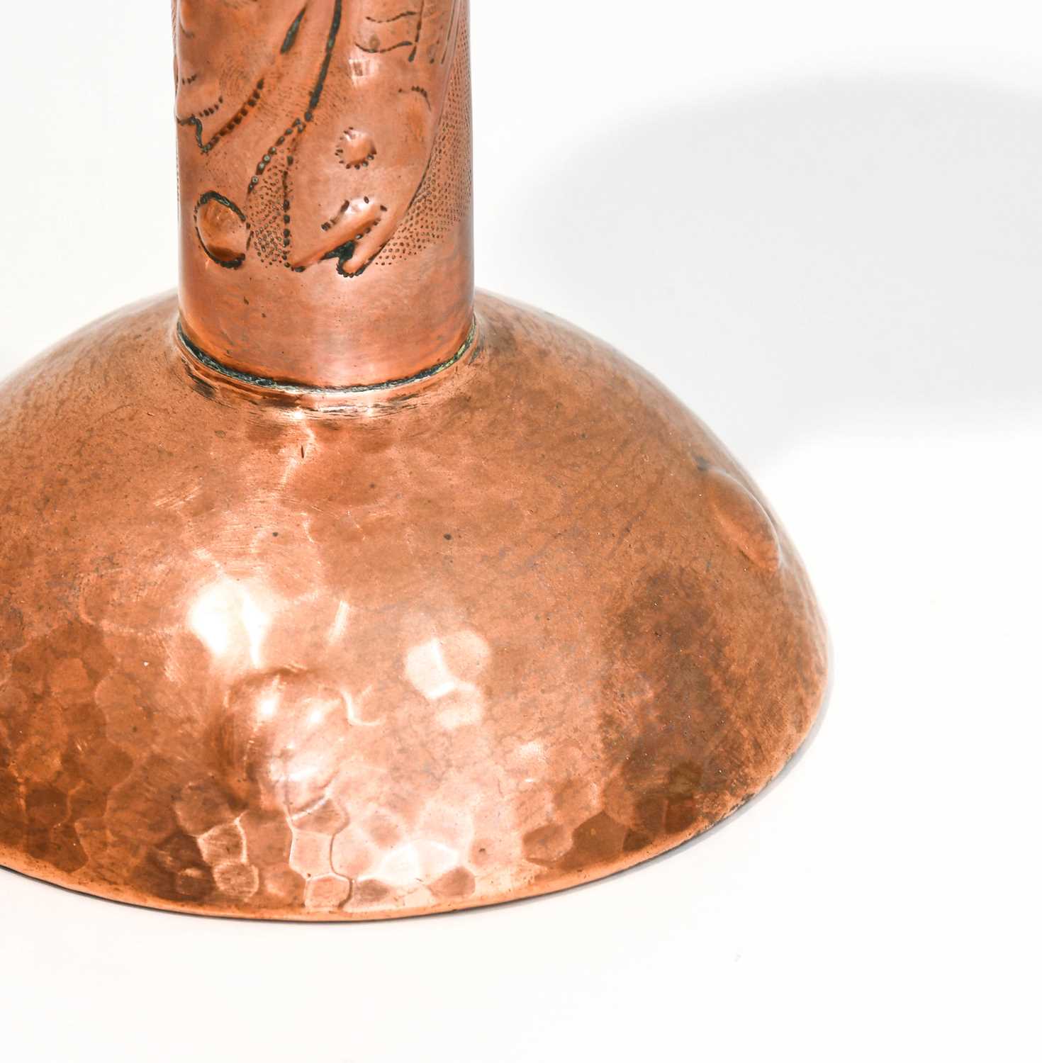 An Arts & Crafts Newlyn Copper Candlestick, repoussé decorated with three fish and bubbles, - Image 4 of 5