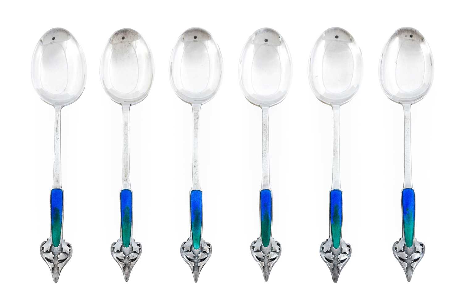 A Matched Set of Six Arts & Crafts Silver and Enamel Coffee Spoons, made by William Hair Haseler and - Image 2 of 2