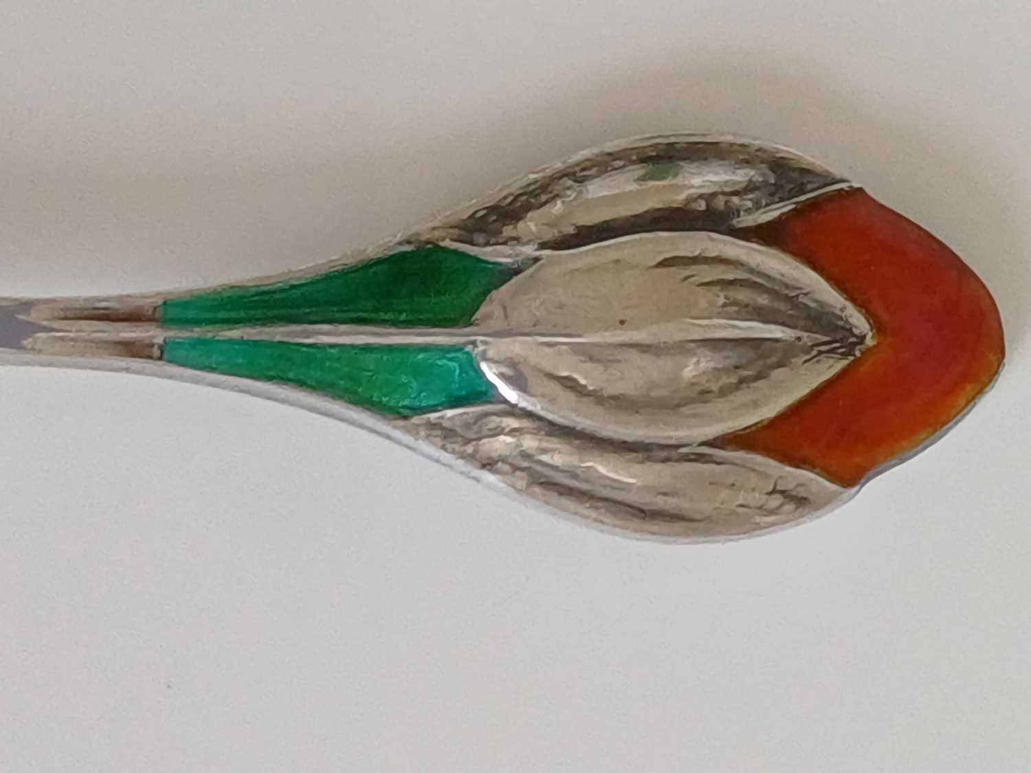 A Matched Set of Six Arts & Crafts Silver and Enamel Crocus Coffee Spoons, made by William Hair - Image 14 of 14