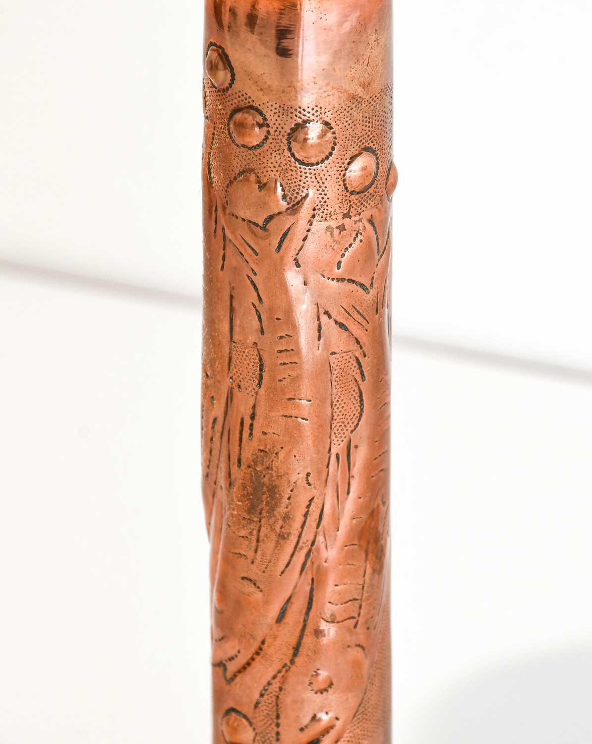 An Arts & Crafts Newlyn Copper Candlestick, repoussé decorated with three fish and bubbles, - Image 3 of 5