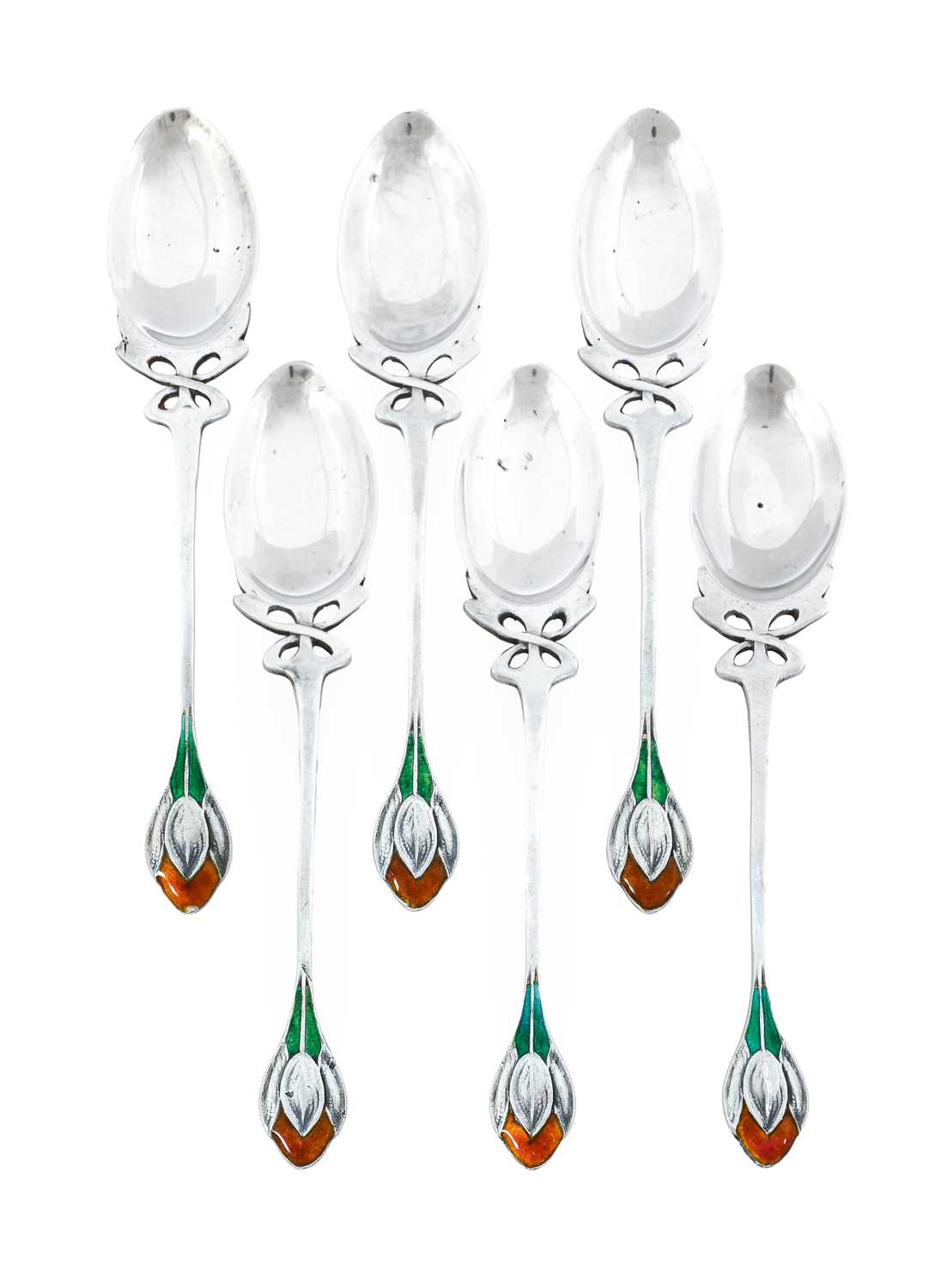 A Matched Set of Six Arts & Crafts Silver and Enamel Crocus Coffee Spoons, made by William Hair