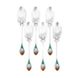 A Matched Set of Six Arts & Crafts Silver and Enamel Crocus Coffee Spoons, made by William Hair