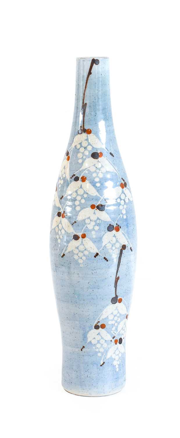 Tim Andrews (b. 1960): A Porcelain Vase, wax resist and iron oxide decorated with blossom, on a blue