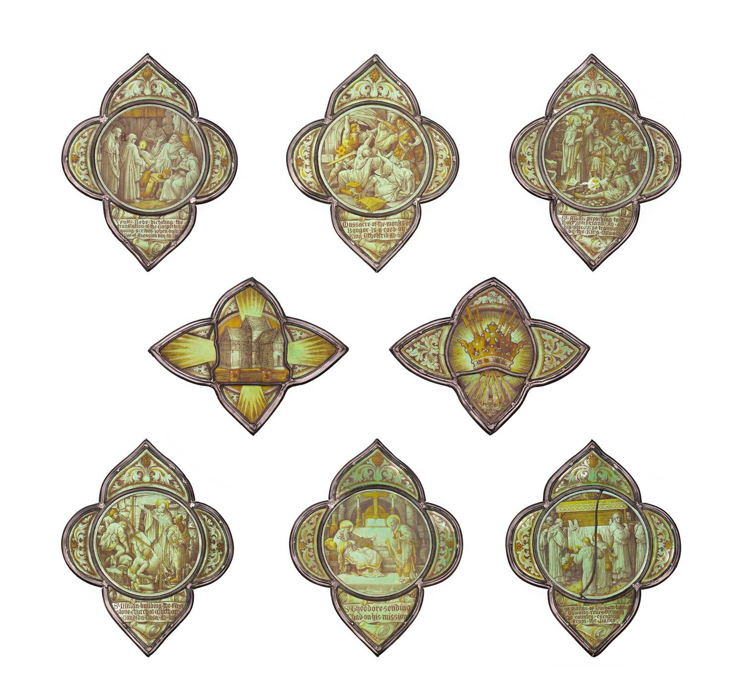 Eight Victorian Stained, Painted and Leaded Glass Quatrefoil Tracery Panels, depicting and inscribed