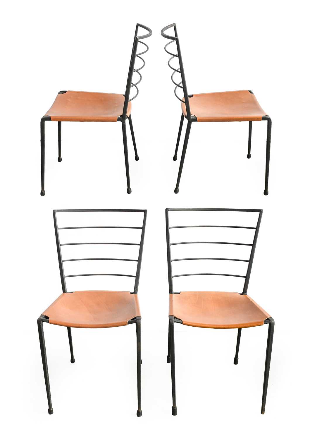 A Set of Four Staples Ladderax Dining Chairs, designed by Robert Heal, black steel frame, with tan