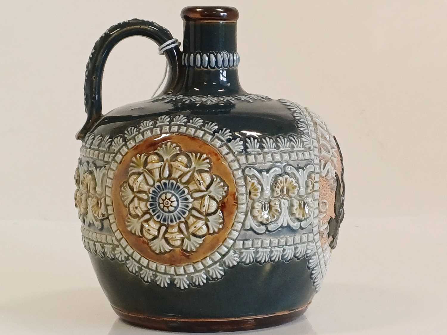 A Doulton Lambeth Stoneware Whisky Flask, circa 1898, applied thistle design and SUTHERLAND GRANT, - Image 7 of 10