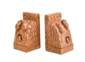 Workshop of Robert Mouseman Thompson (Kilburn): A Pair of English Oak Triple Mice Bookends, each