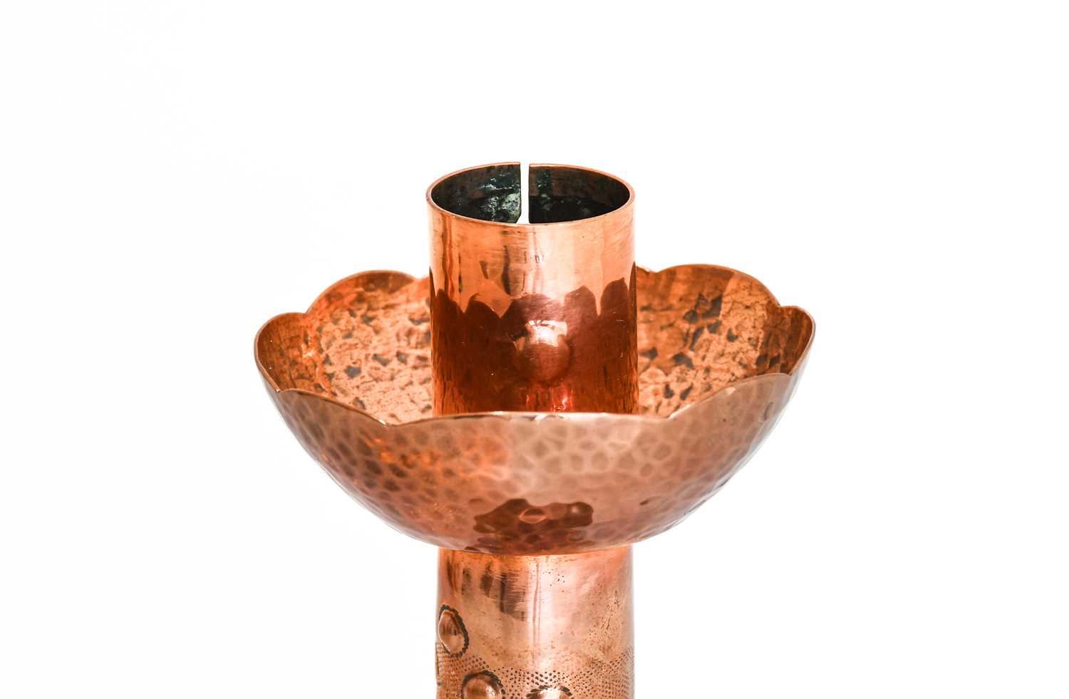 An Arts & Crafts Newlyn Copper Candlestick, repoussé decorated with three fish and bubbles, - Image 2 of 5