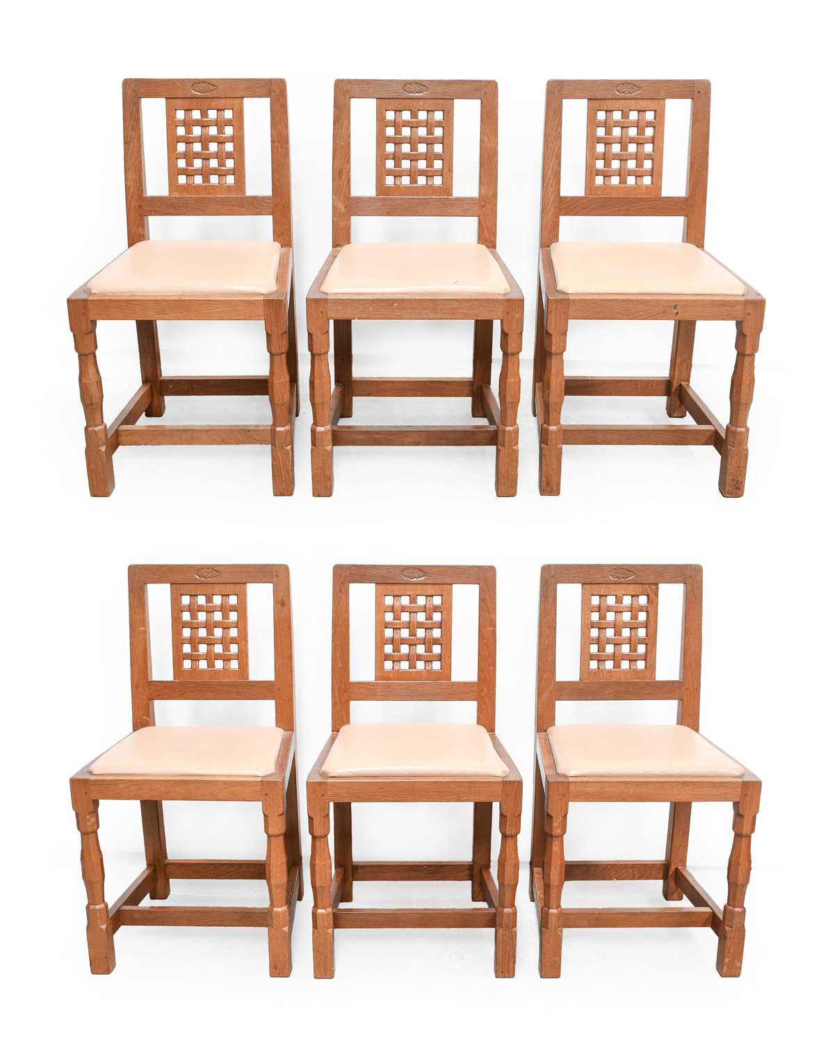 Oakleafman: David Langstaff (Easingwold): A Set of Six Oak Lattice Back Dining Chairs, upholstered