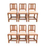 Oakleafman: David Langstaff (Easingwold): A Set of Six Oak Lattice Back Dining Chairs, upholstered