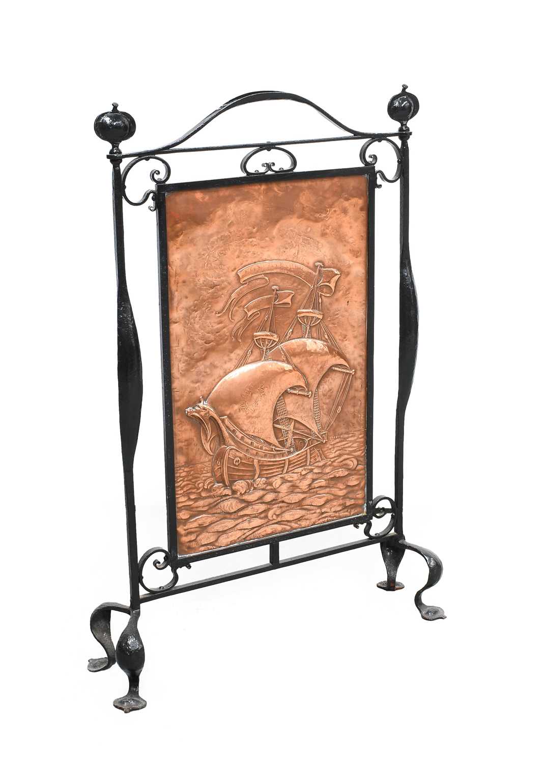 An Arts & Crafts Wrought Iron and Copper Firescreen, attributed to John Pearson, the copper panel