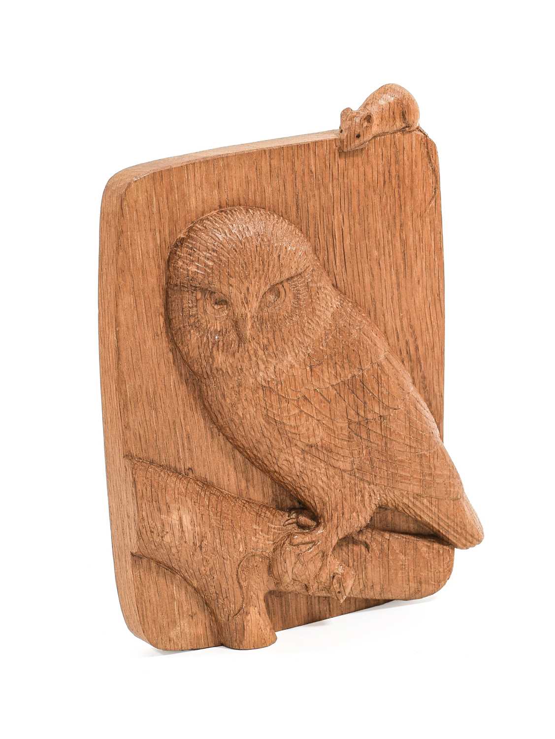 Workshop of Robert Mouseman Thompson (Kilburn): An English Oak Owl Plaque, with an owl perched on