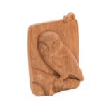 Workshop of Robert Mouseman Thompson (Kilburn): An English Oak Owl Plaque, with an owl perched on
