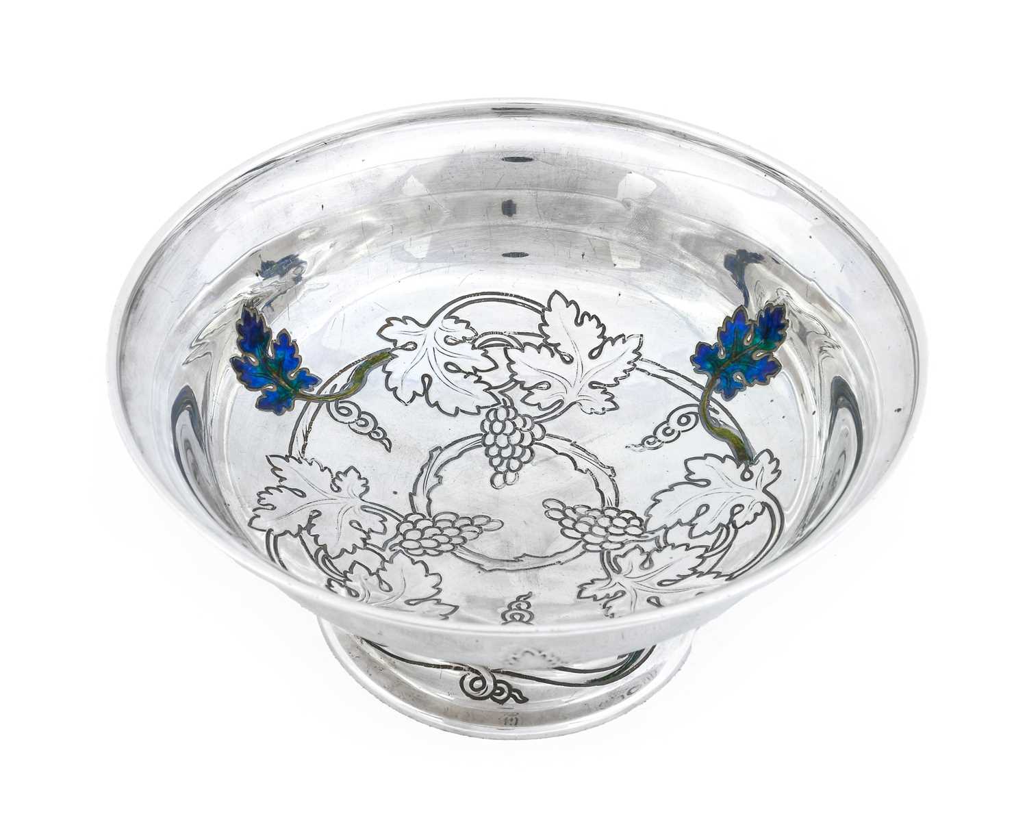 A Liberty & Co. Silver and Enamel Pedestal Bowl, cast with grape vines picked out in green and - Image 3 of 3