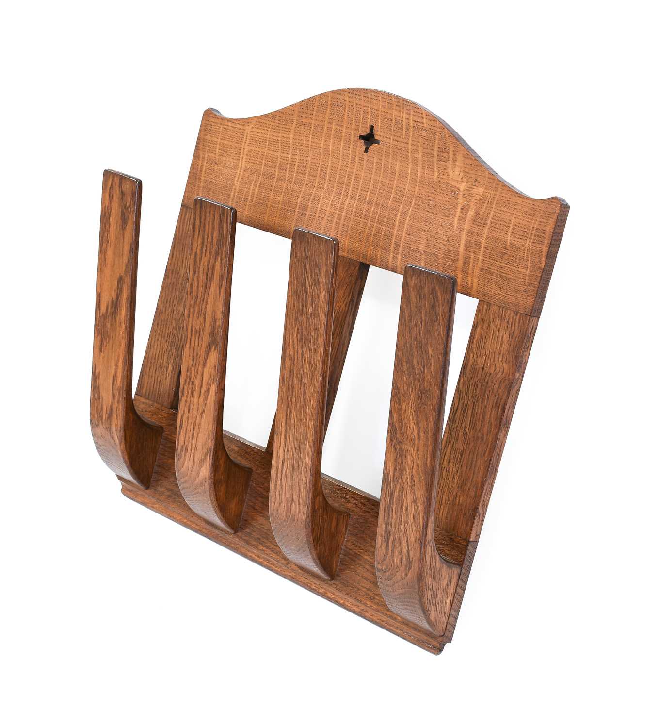 Arthur W Simpson (1857-1922) Kendal: An Arts & Crafts Oak Hanging Magazine Rack, pierced shaped - Image 2 of 3